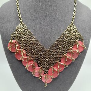 CHICO'S Pink Shell Dangle Pendants Gold Tone Metal Scroll STATEMENT BIB NECKLACE